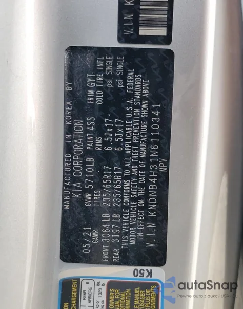 2022 Kia Carnival Lx z USA, uszkodzony, nr VIN KNDNB4H31N6110341